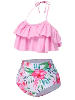 Outlet Retro Stage 1930s Floral Ruffle Halter Swimsuit Pink