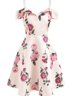 Hot Retro Stage 1950s Floral Spaghetti Strap Dress Pink