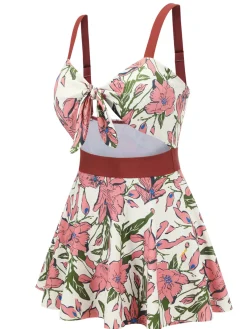 Online Retro Stage 1940s Floral Strap One-Piece Swimsuit Pink