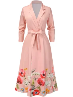 Online Retro Stage 1940s Floral Tie-Up Blazer Dress Pink