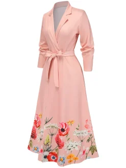 Online Retro Stage 1940s Floral Tie-Up Blazer Dress Pink