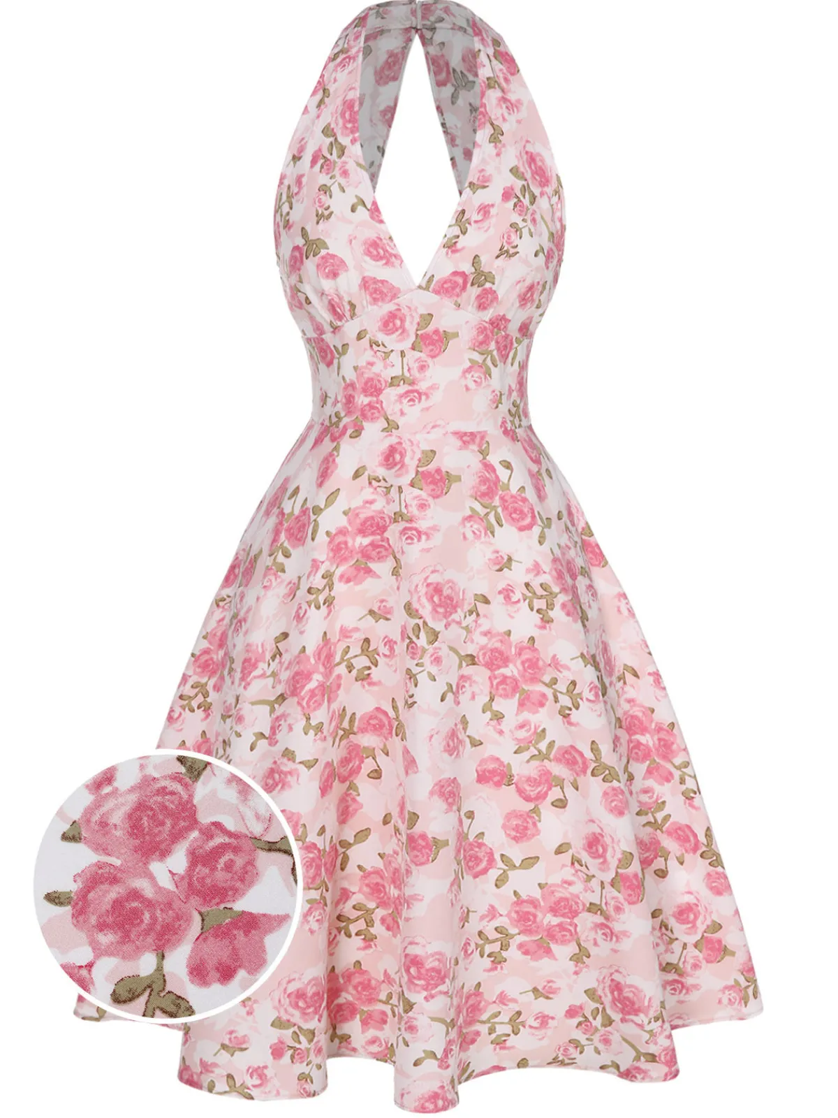 Best Retro Stage Pink 1950s Floral V-Neck Dress