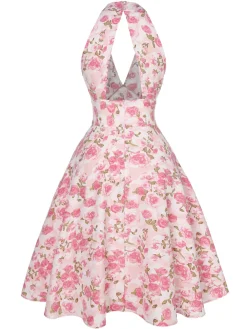 Best Retro Stage Pink 1950s Floral V-Neck Dress