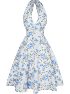 Best Retro Stage Pink 1950s Floral V-Neck Dress