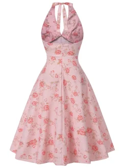 Fashion Retro Stage 1950s Floral V-Neck Halter Dress Pink