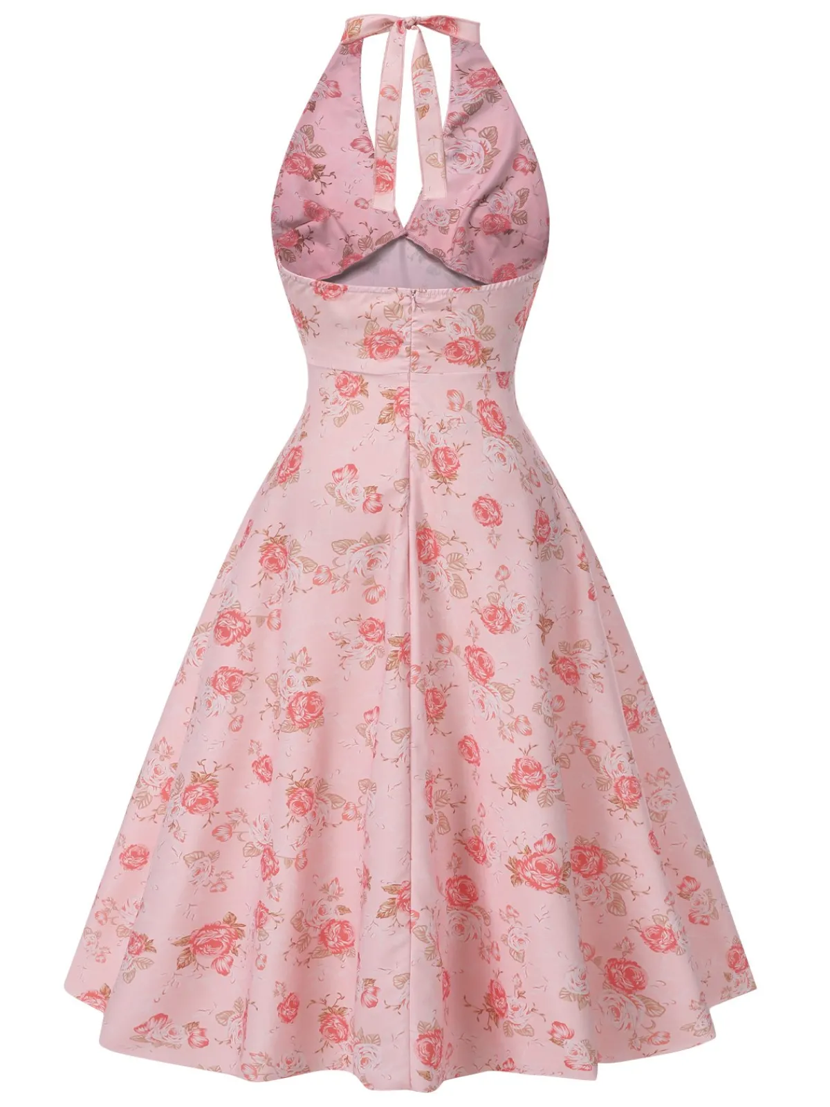 Fashion Retro Stage 1950s Floral V-Neck Halter Dress Pink