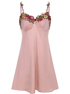 Outlet Retro Stage 1950s Flower Embroidered Suspender Nightgown Pink