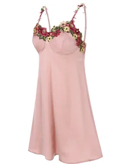 Outlet Retro Stage 1950s Flower Embroidered Suspender Nightgown Pink