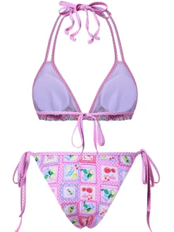 New Retro Stage 1960s Fruits Plaid Halter Bikini Set Pink
