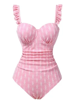 Outlet Retro Stage 1950s Geometric Ruffled One-Piece Swimsuit Pink