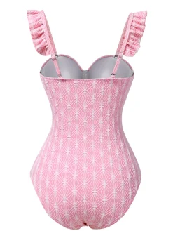 Outlet Retro Stage 1950s Geometric Ruffled One-Piece Swimsuit Pink