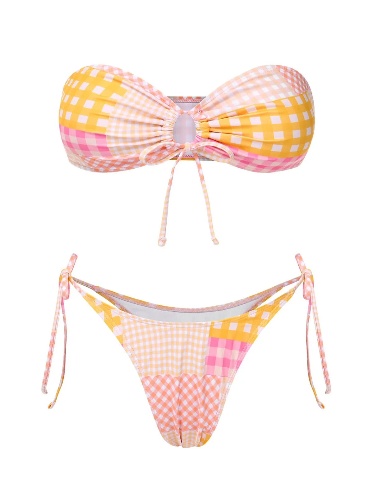 Hot Retro Stage 1970s Gingham Plaid Bandeau Bikini Set Pink