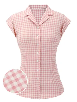 Fashion Retro Stage 1950s Gingham Plaid Lapel Shirt Pink