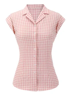 Fashion Retro Stage 1950s Gingham Plaid Lapel Shirt Pink