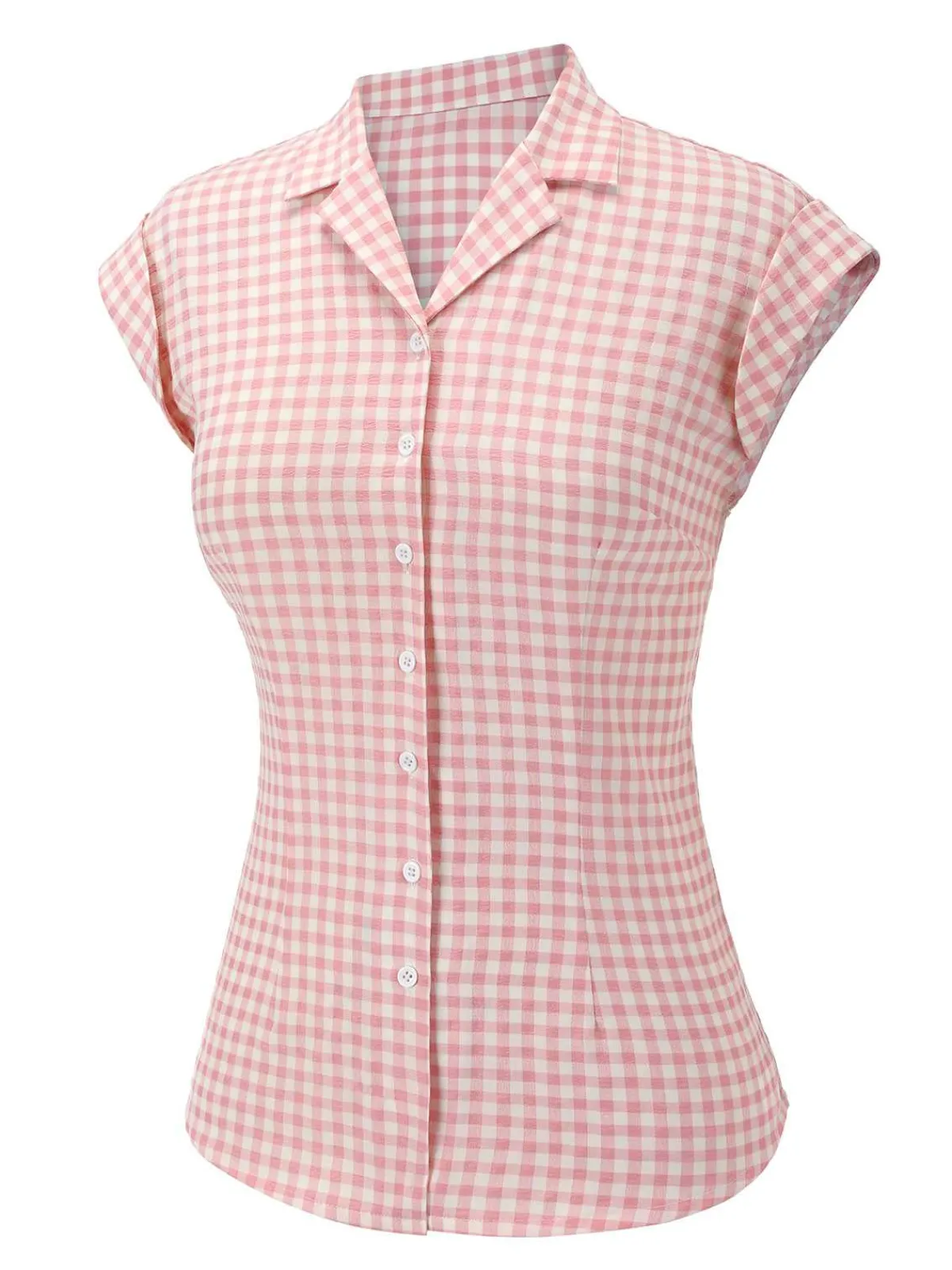 Fashion Retro Stage 1950s Gingham Plaid Lapel Shirt Pink