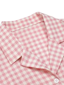 Fashion Retro Stage 1950s Gingham Plaid Lapel Shirt Pink