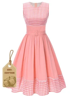 Online Retro Stage 1950s Gingham Plaid Patchwork Cotton Dress Pink