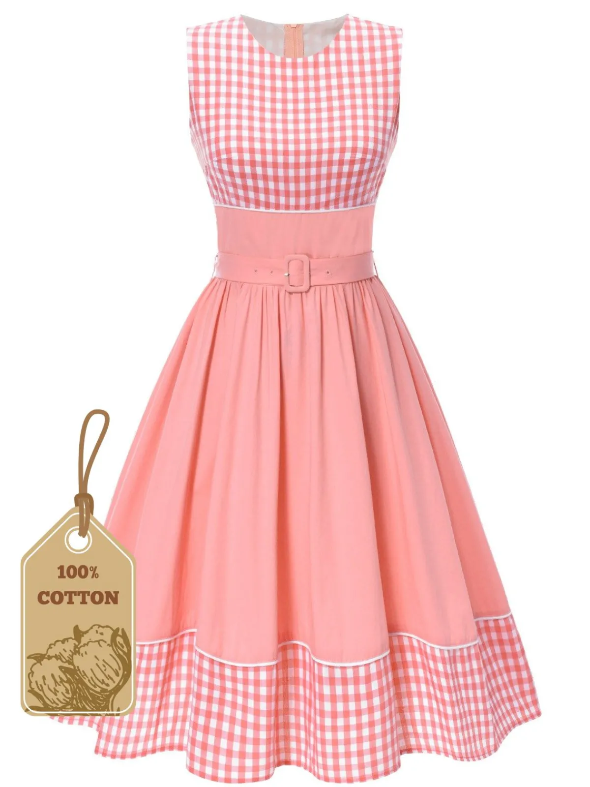Online Retro Stage 1950s Gingham Plaid Patchwork Cotton Dress Pink