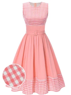 Online Retro Stage 1950s Gingham Plaid Patchwork Cotton Dress Pink