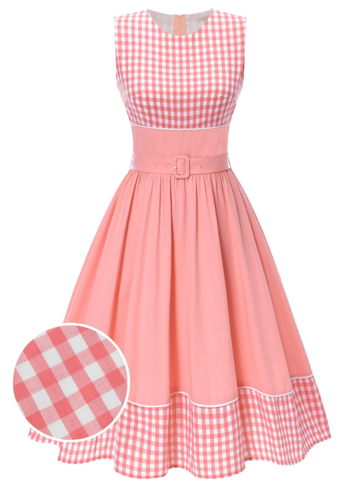 Online Retro Stage 1950s Gingham Plaid Patchwork Cotton Dress Pink