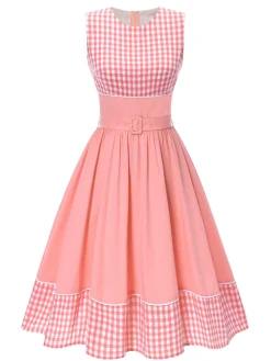 Online Retro Stage 1950s Gingham Plaid Patchwork Cotton Dress Pink