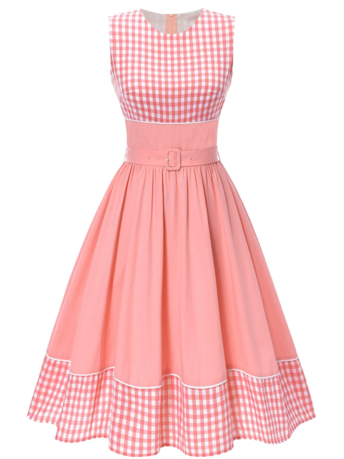 Online Retro Stage 1950s Gingham Plaid Patchwork Cotton Dress Pink