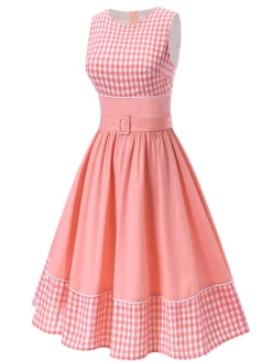 Online Retro Stage 1950s Gingham Plaid Patchwork Cotton Dress Pink