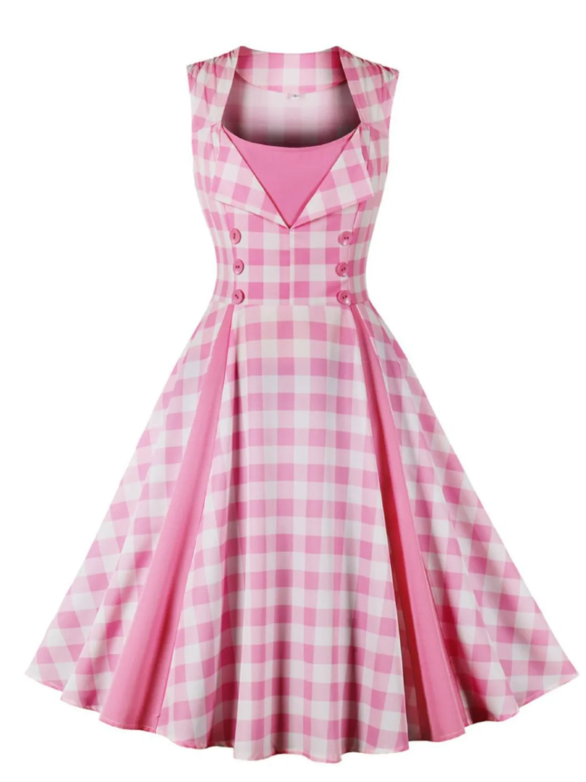 Online Retro Stage 1950s Gingham Plaid Sleeveless Dress Pink