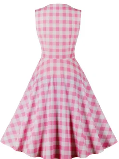 Online Retro Stage 1950s Gingham Plaid Sleeveless Dress Pink