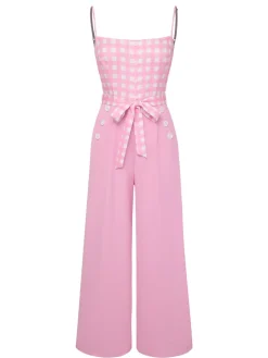 Discount Retro Stage 1950s Gingham Plaid Suspender Jumpsuit Pink