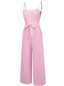 Discount Retro Stage 1950s Gingham Plaid Suspender Jumpsuit Pink