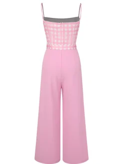 Discount Retro Stage 1950s Gingham Plaid Suspender Jumpsuit Pink
