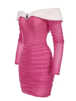 Clearance Retro Stage 1960s Glitter Off-Shoulder Plush Wrinkle Dress Pink