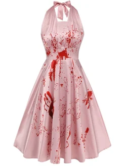 Hot Retro Stage 1950s Halloween Bloodstain Halter Dress Pink