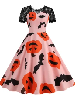 Best Retro Stage 1950s Halloween Pumpkin Bats Lace Dress Pink