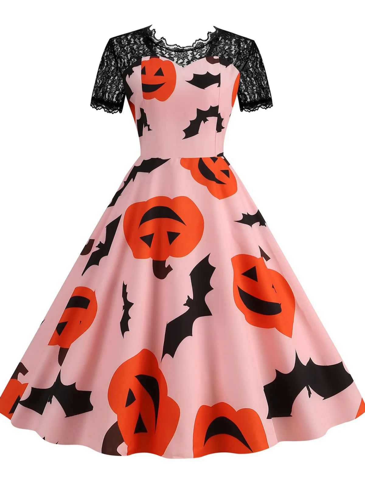 Best Retro Stage 1950s Halloween Pumpkin Bats Lace Dress Pink