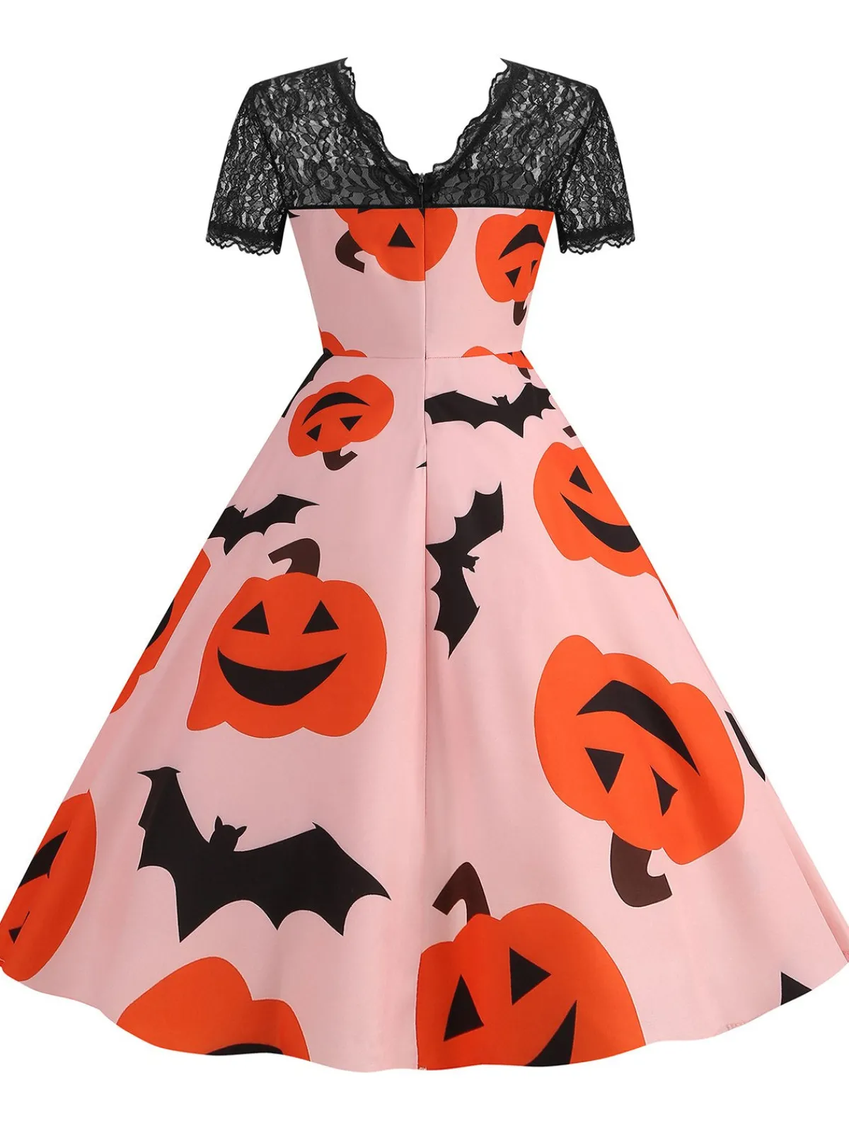 Best Retro Stage 1950s Halloween Pumpkin Bats Lace Dress Pink