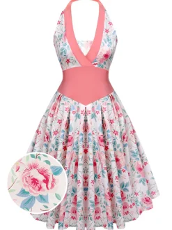 New Retro Stage 1950s Halter Floral Swing Dress Pink