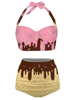 Discount Retro Stage Pink 1970s Halter Ice-Cream Cone High-Waist Bikini