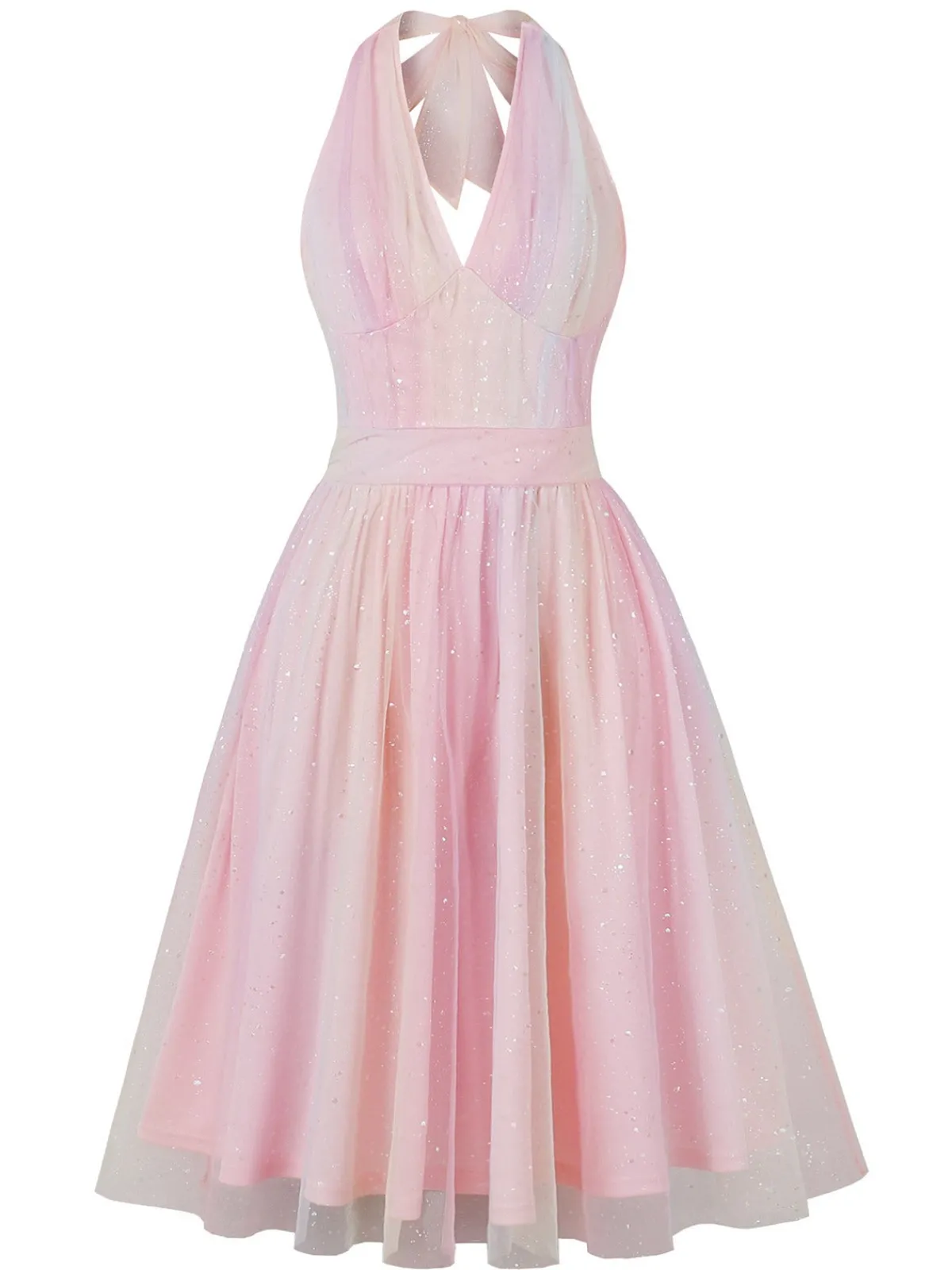 Online Retro Stage 1950s Halter Mesh Sequined Dress Pink