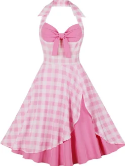 Clearance Retro Stage 1950s Halter Plaids Patchwork Dress Pink