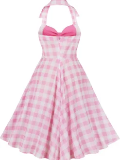 Clearance Retro Stage 1950s Halter Plaids Patchwork Dress Pink