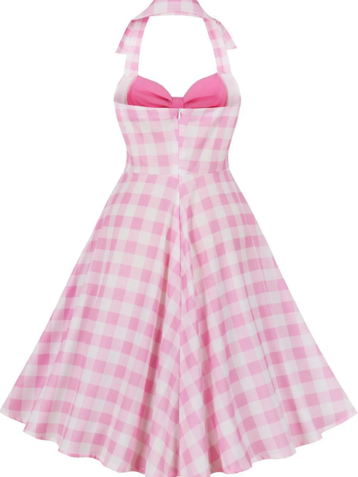 Clearance Retro Stage 1950s Halter Plaids Patchwork Dress Pink