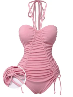 Hot Retro Stage Pink 1950s Halter Pleated Solid One-Piece Swimsuit Pale Pink