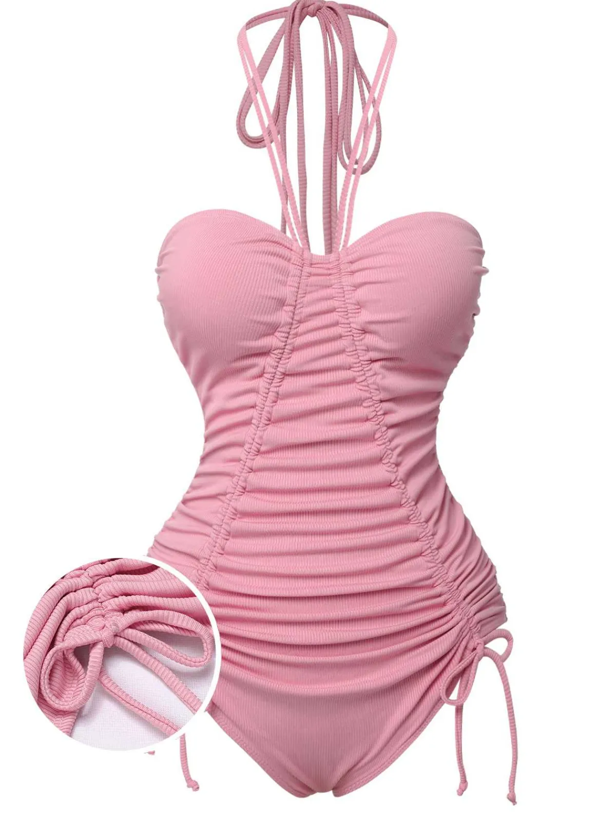 Hot Retro Stage Pink 1950s Halter Pleated Solid One-Piece Swimsuit Pale Pink