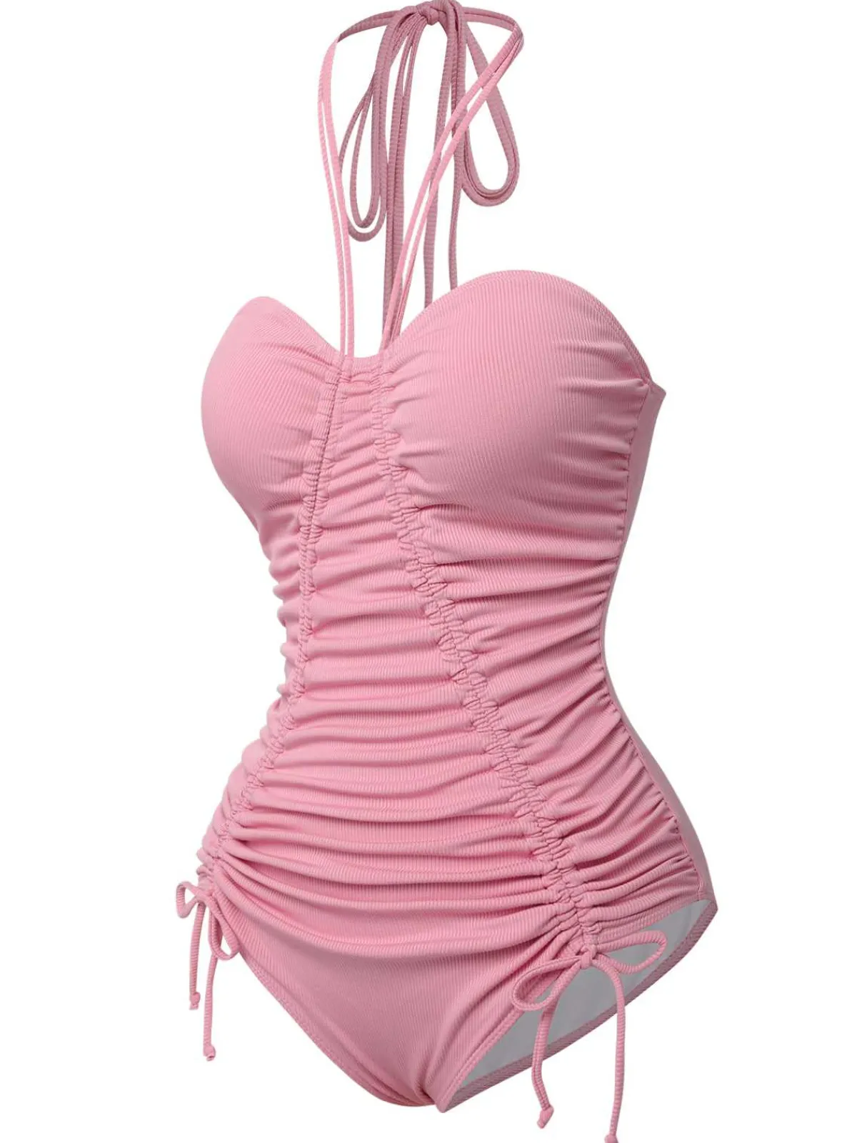 Hot Retro Stage Pink 1950s Halter Pleated Solid One-Piece Swimsuit Pale Pink