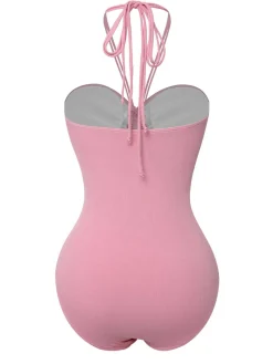 Hot Retro Stage Pink 1950s Halter Pleated Solid One-Piece Swimsuit Pale Pink