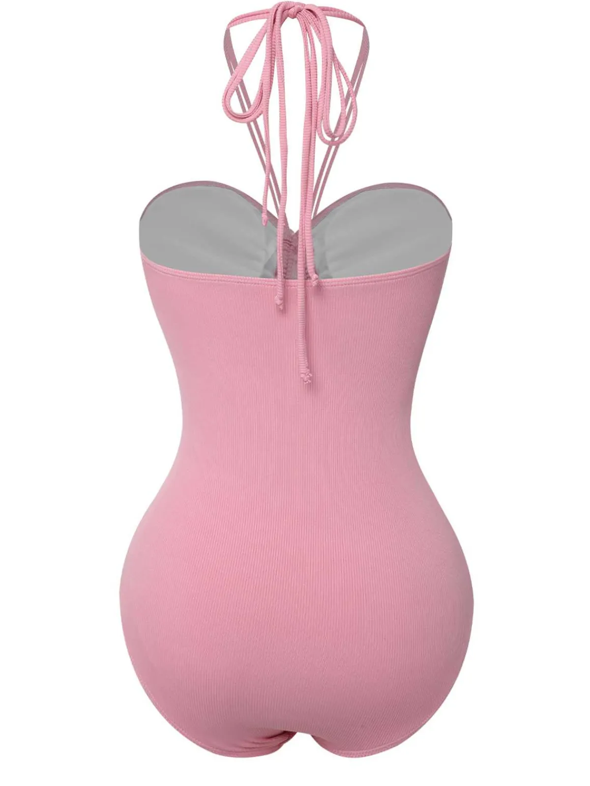 Hot Retro Stage Pink 1950s Halter Pleated Solid One-Piece Swimsuit Pale Pink