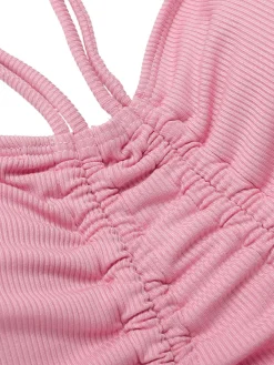 Hot Retro Stage Pink 1950s Halter Pleated Solid One-Piece Swimsuit Pale Pink