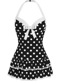 Fashion Retro Stage Pink 1940s Halter Polka Dots Bow One-Piece Swimsuit